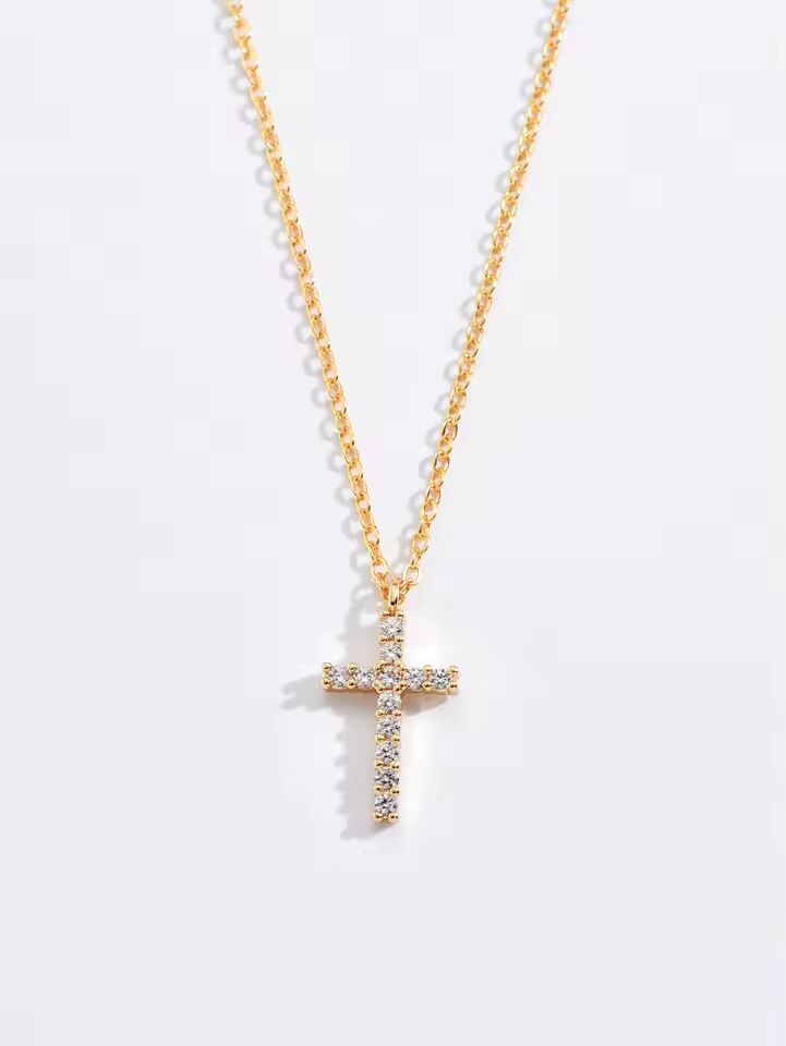 Fashion New Zircon Inlaid Cross Necklace Pendant Jewelry for Women Gold Color Long Clavicle Chain Necklaces