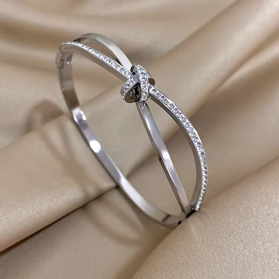 Trendy Stainless Steel With Rhinestone Inlaid Knot Bangles Bracelets for Women Statement Bangle Wrist Waterproof Jewelry Gift