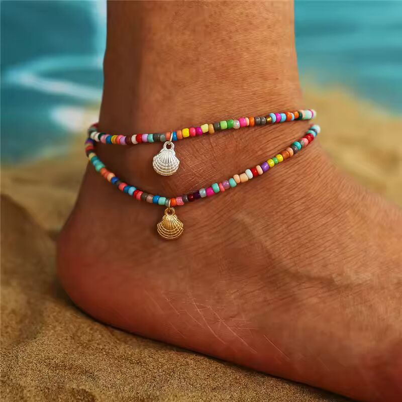 Modyle Bohemian Colorful Beads Shell Anklets for Women Summer Ocean Beach Ankle Bracelet Foot Leg Jewelry